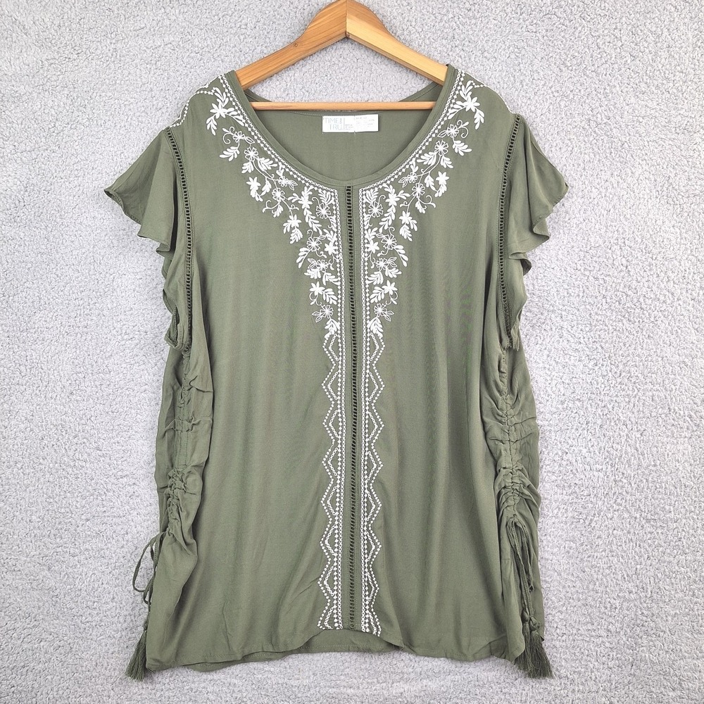 Time and Tru Top Womens 3XL Green Embroidered Pullover Boho Forest Fairy